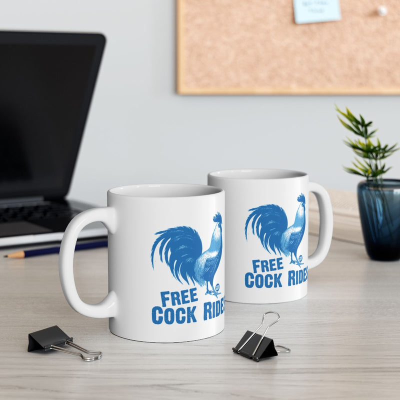 Load image into Gallery viewer, Funny Blue Rooster Free Cock Rides Coffee Mug
