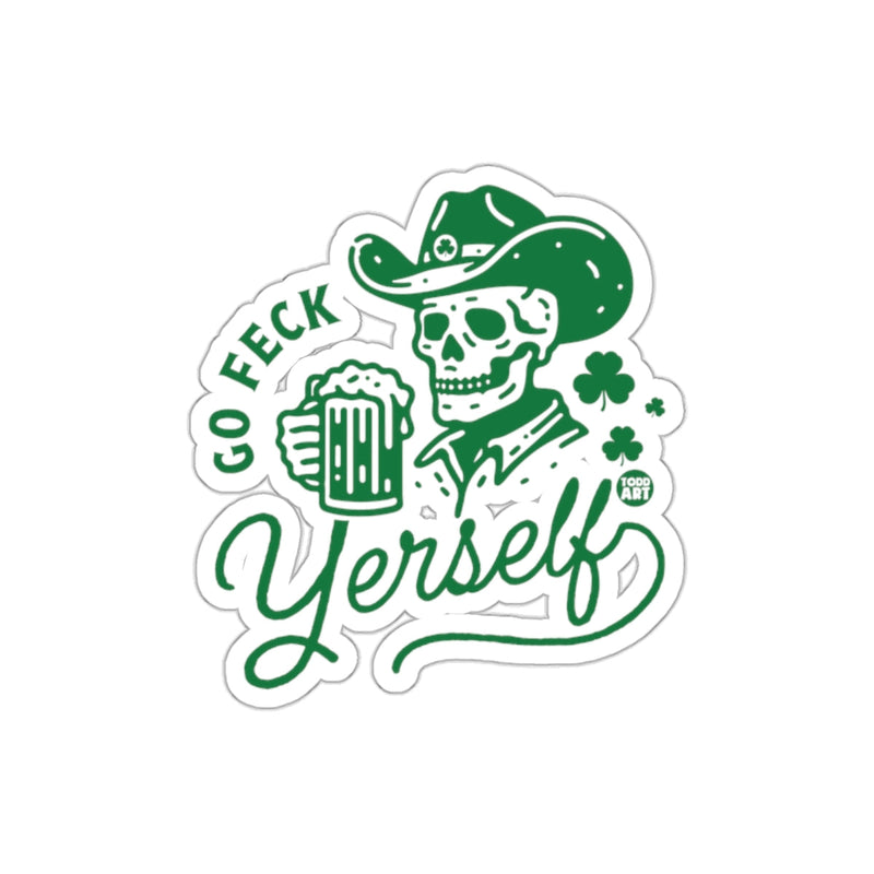 Load image into Gallery viewer, Go Feck Yerself Irish Skull Cowboy Hat Beer sticker
