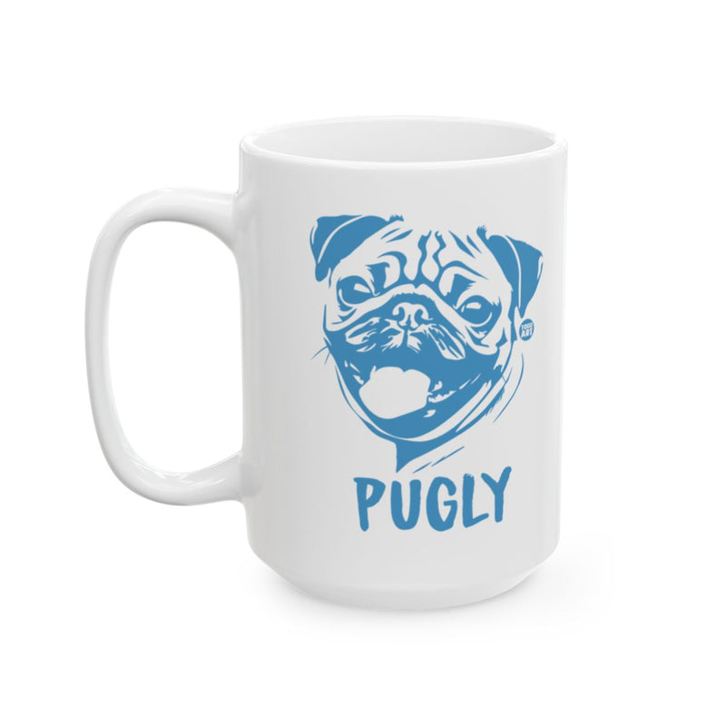Load image into Gallery viewer, Pugly illustration on white mug with pug design
