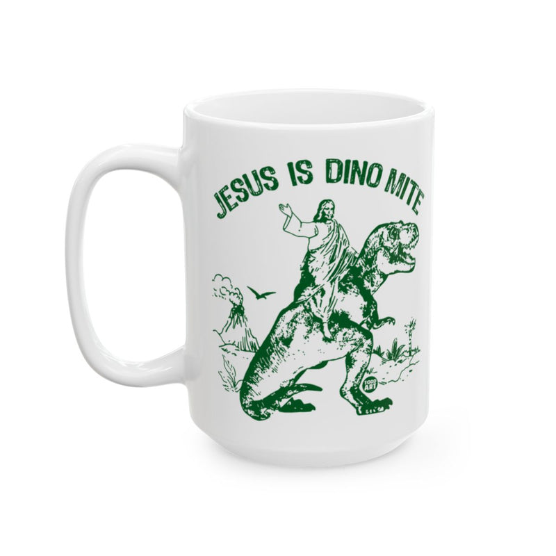 Load image into Gallery viewer, Jesus Is Dino Mite Riding Dinosaur Mug
