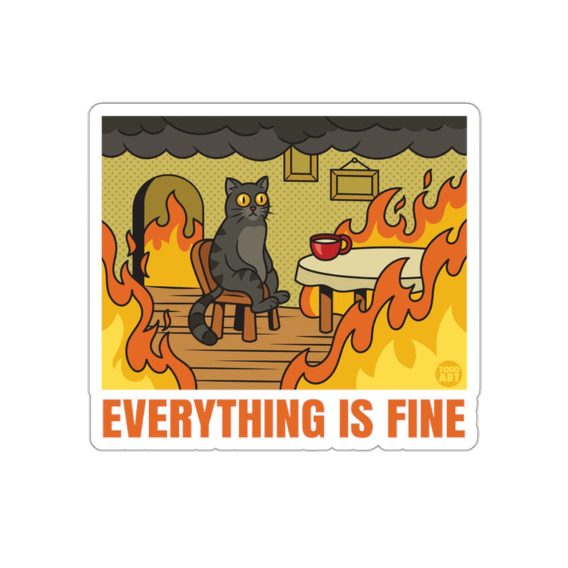 Load image into Gallery viewer, Everything Is Fine Cat in Flames illustrated sticker

