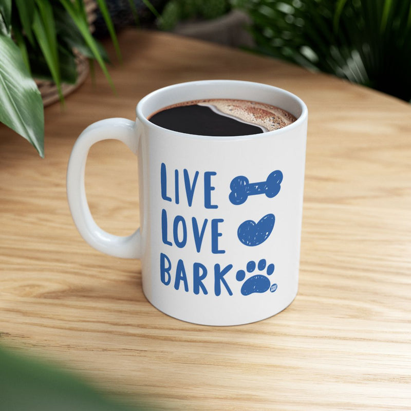 Load image into Gallery viewer, Live Love Bark Blue Paw Print Coffee Mug

