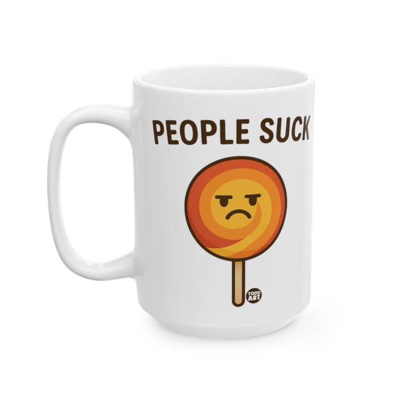 Load image into Gallery viewer, People Suck Funny Coffee Mug with Angry Lollipop Design
