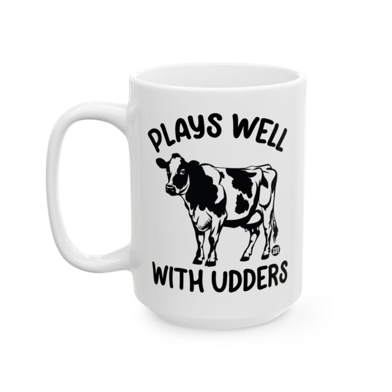Load image into Gallery viewer, Plays Well With Udders Funny Cow Mug for Coffee Lovers
