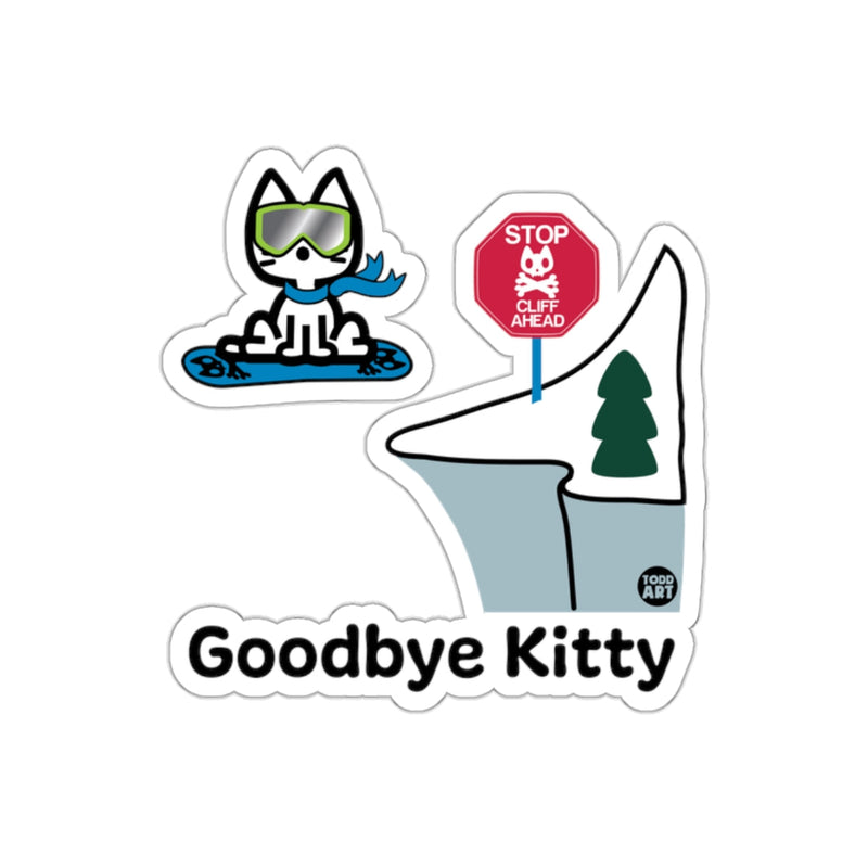 Load image into Gallery viewer, Goodbye Kitty Snowboarding Sticker with Cliff Warning
