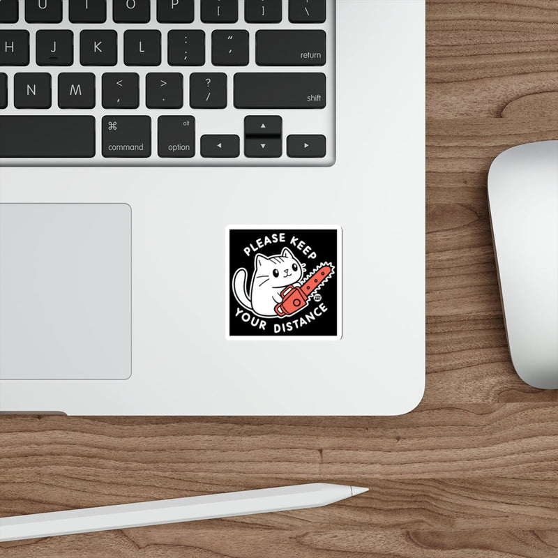 Load image into Gallery viewer, Please Keep Your Distance Cat with Chainsaw Sticker
