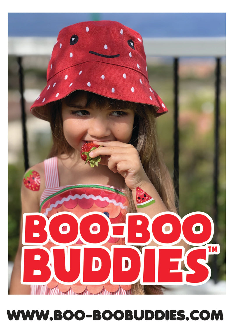 Load image into Gallery viewer, Child eating a strawberry with Strawberry and Watermelon Boo Boo Buddies Bandages
