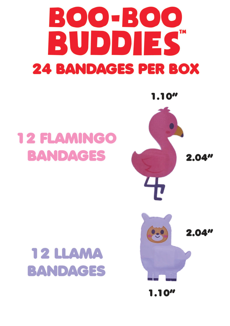 Load image into Gallery viewer, Boo Boo Buddies Bandages - Flamingo and Llama - bandage dimensions
