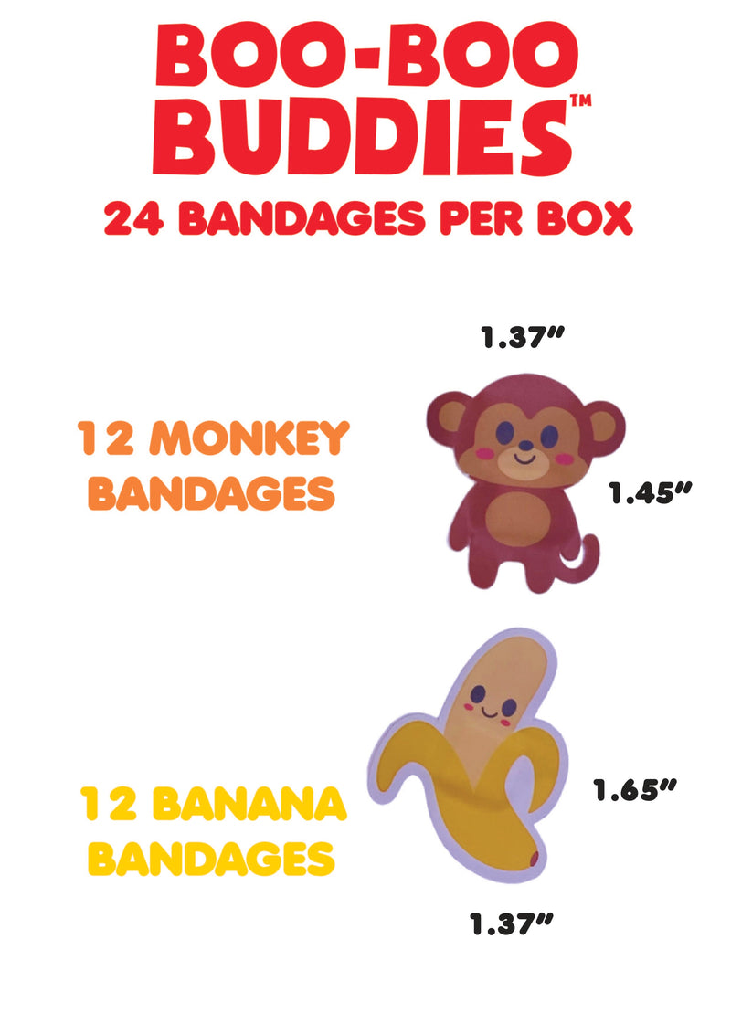 Load image into Gallery viewer,  Boo Boo Buddies Bandages - Monkey and Banana bandage dimensions
