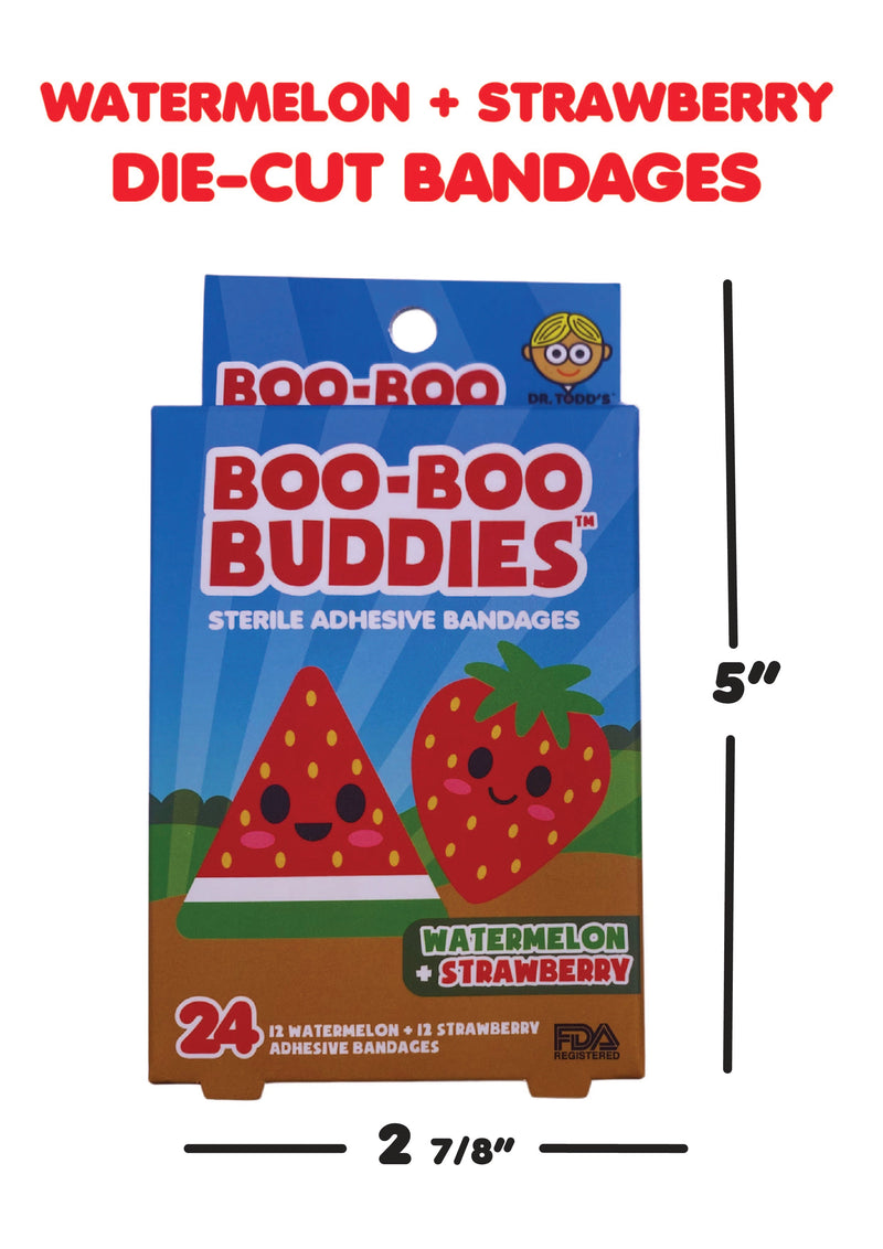 Load image into Gallery viewer, Boo Boo Buddies Bandages - Strawberry and Watermelon box dimensions
