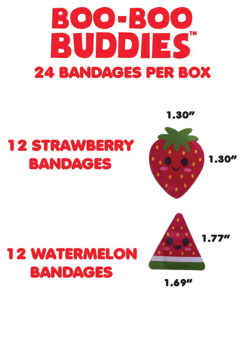 Load image into Gallery viewer, Boo Boo Buddies Bandages - Strawberry and Watermelon bandage dimensions
