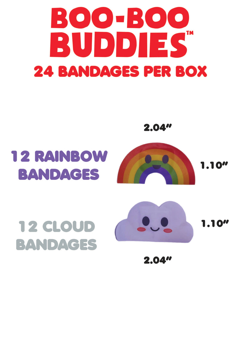 Load image into Gallery viewer, Boo Boo Buddies Bandages - Rainbow and Cloud bandage dimensions
