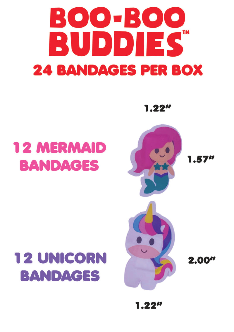 Load image into Gallery viewer, Boo Boo Buddies Bandages - Mermaid and Unicorn - bandage dimensions
