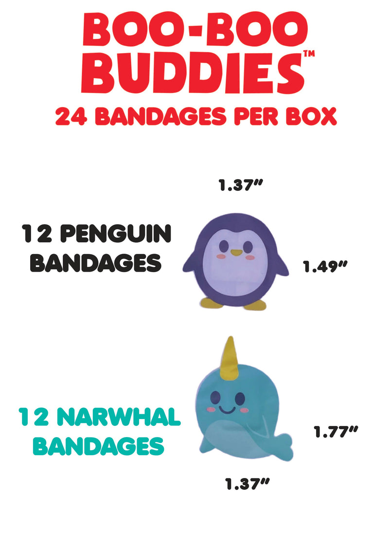 Load image into Gallery viewer, Boo Boo Buddies Bandages - Narwhal and Penguin - bandage dimensions
