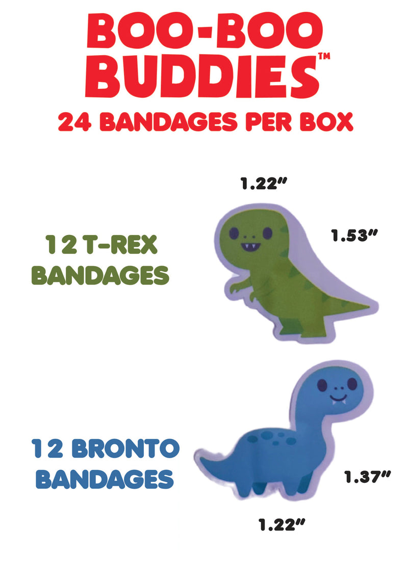 Load image into Gallery viewer, Boo Boo Buddies Bandages - Brontosaurus and T-Rex - bandage dimensions
