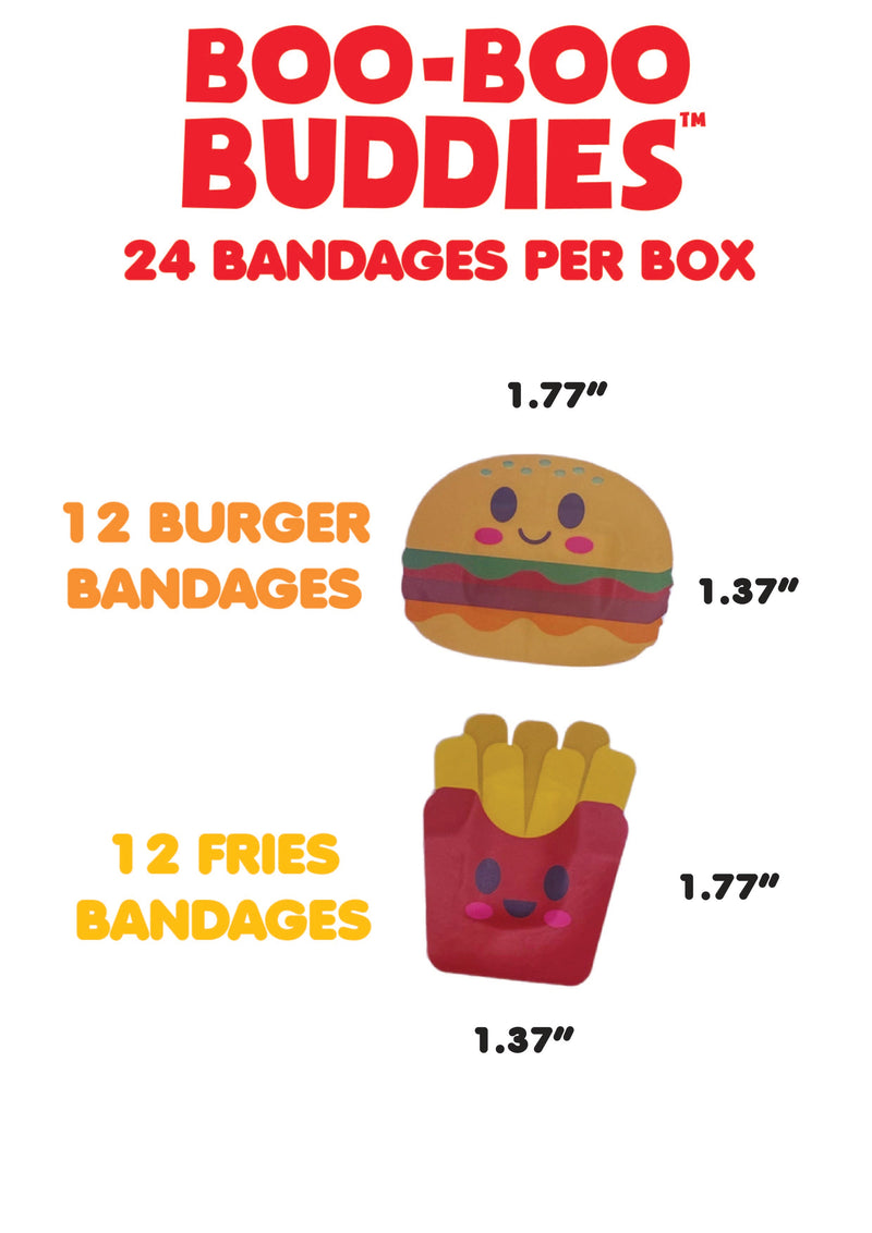 Load image into Gallery viewer, Bandages shaped like a burger and fries for a fun twist on injury protection.and Fries shaped bandage dimensions
