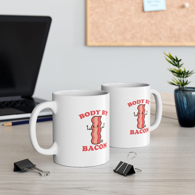 Load image into Gallery viewer, Body By Bacon Mug with Bacon Graphics and Text
