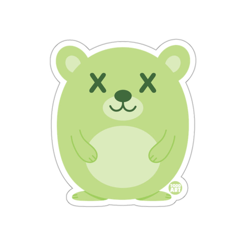Load image into Gallery viewer, Green Cute Bear Sticker with Crossed Out Eyes Design

