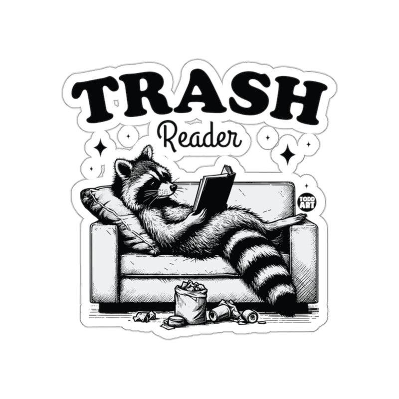 Load image into Gallery viewer, Cozy Raccoon Reading Trash Reader Print Sticker

