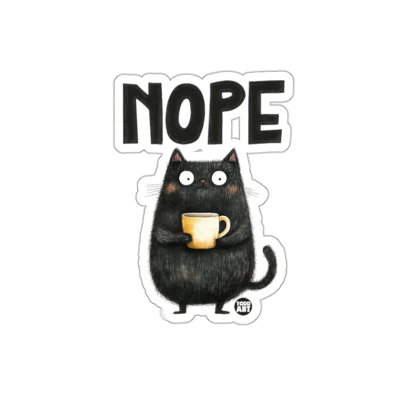 Load image into Gallery viewer, Nope Cat Holding Coffee Humorous Sticker Design
