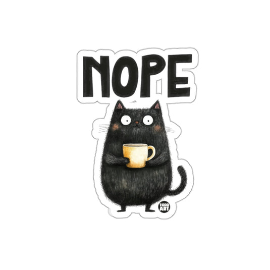 Nope Cat Holding Coffee Humorous Sticker Design