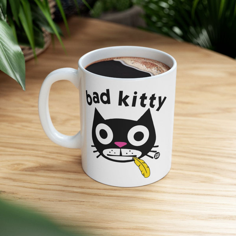 Load image into Gallery viewer, Funny Bad Kitty Black Cat with Feather Mug Product
