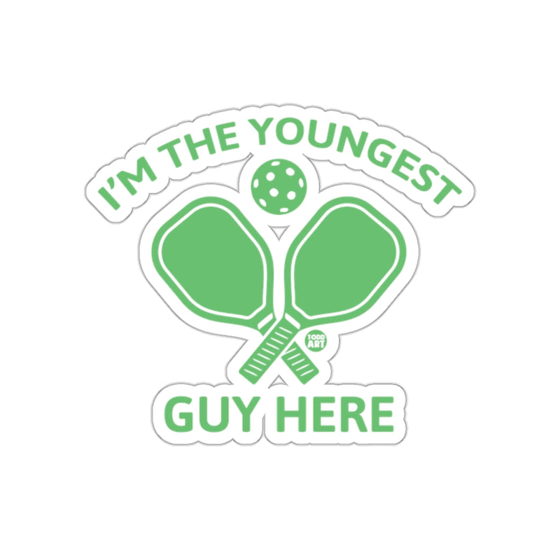 Load image into Gallery viewer, I Am The Youngest Guy Here Pickleball Design sticker
