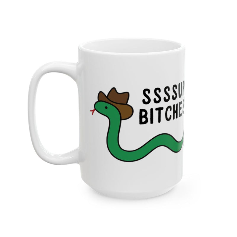 Load image into Gallery viewer, Funny Snake Ssssup Bitches Mug with Cool Hat Design
