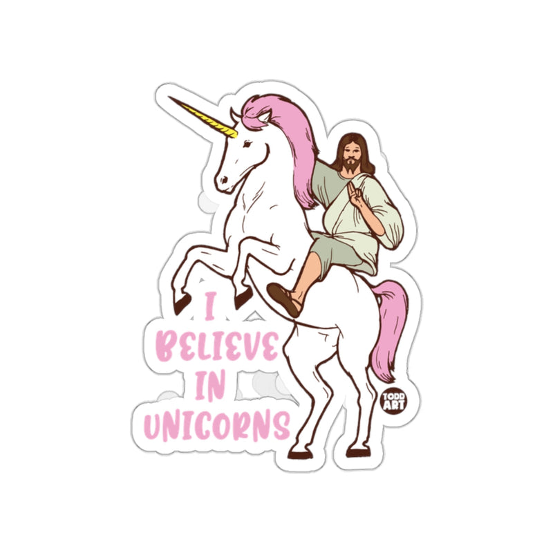 Load image into Gallery viewer, I Believe In Unicorns Sticker with Jesus and Unicorn
