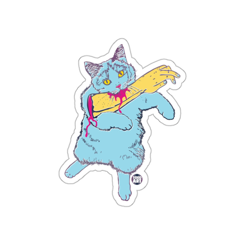 Load image into Gallery viewer, Blue Cat Biting Zombie Arm Sticker Fun Art Sticker
