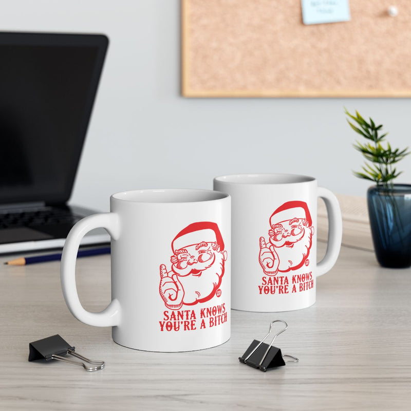 Load image into Gallery viewer, Santa Knows You're a Bitch Funny Christmas Mug
