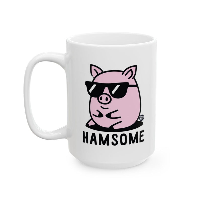 Load image into Gallery viewer, White ceramic mug featuring a pig wearing sunglasses with the word ‚ÄúHamsome,‚Äù designed by Todd Art
