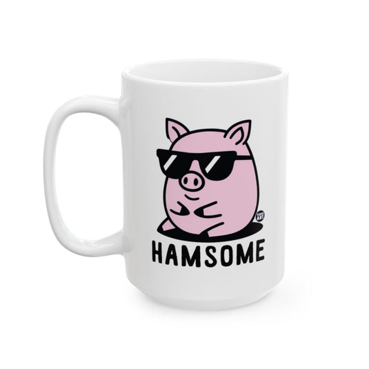 White ceramic mug featuring a pig wearing sunglasses with the word ‚ÄúHamsome,‚Äù designed by Todd Art