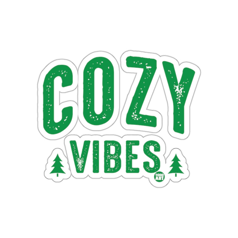 Load image into Gallery viewer, Cozy Vibes with Green Text and Trees Sticker
