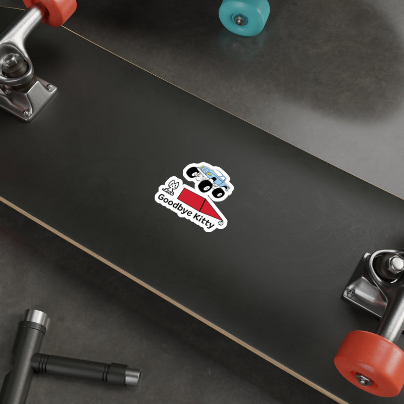 Load image into Gallery viewer, Goodbye Kitty Sticker on Black Skateboard Deck
