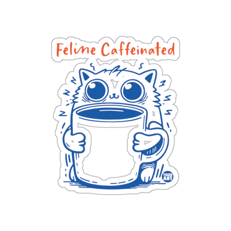 Load image into Gallery viewer, Feline Caffeinated Cat Holds Coffee Mug Illustration Sticker
