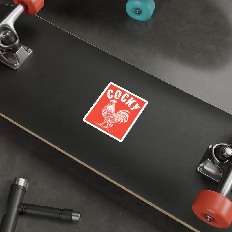 Load image into Gallery viewer, Cocky Rooster Sticker on Skateboard Deck Sticker
