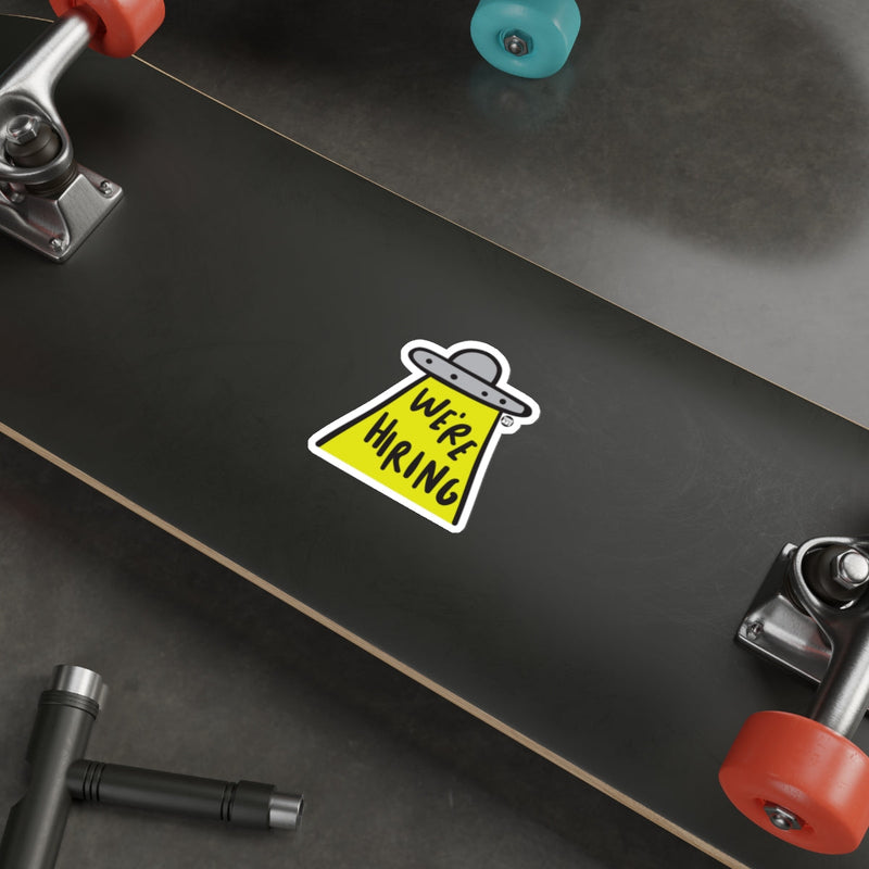 Load image into Gallery viewer, UFO We're Hiring Sticker on Skateboard Deck
