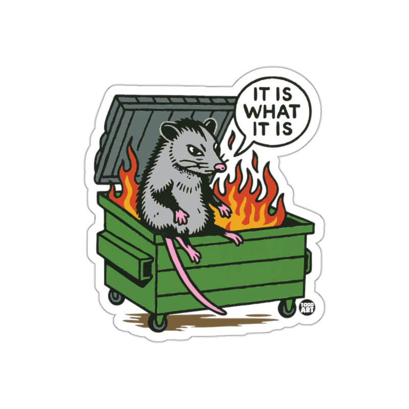 Load image into Gallery viewer, Opossum Sitting IN Dumpster Fire Saying It Is What It Is sticker

