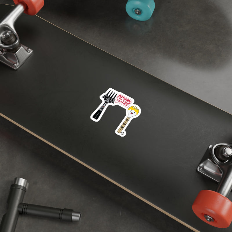 Load image into Gallery viewer, Spork My Father Sticker on Black Skateboard
