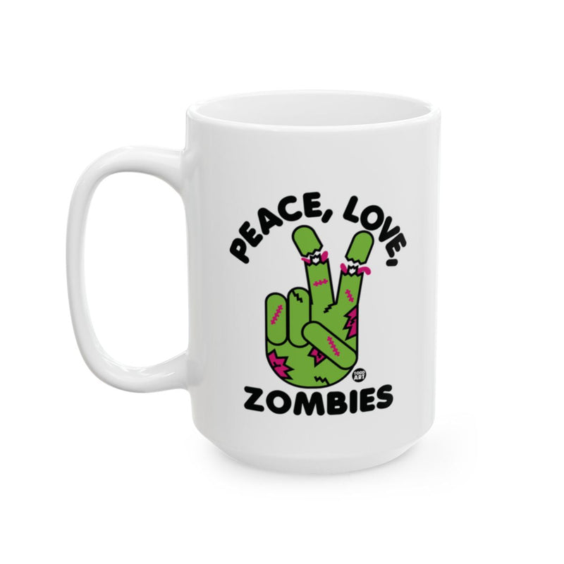 Load image into Gallery viewer, Peace Love Zombies Mug with Fun Green Design
