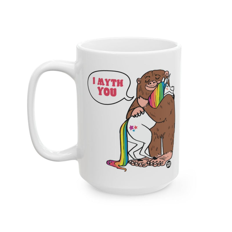 Load image into Gallery viewer, I Myth You Sasquatch Hugging Unicorn Mug
