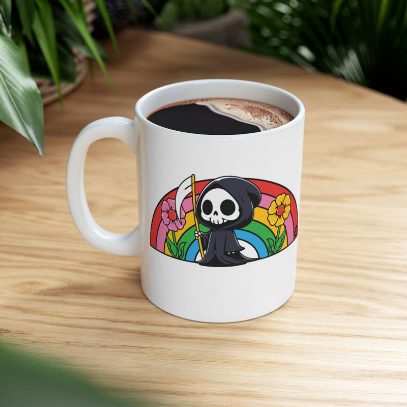 Load image into Gallery viewer, Cute Grim Reaper Mug with Colorful Rainbow Design
