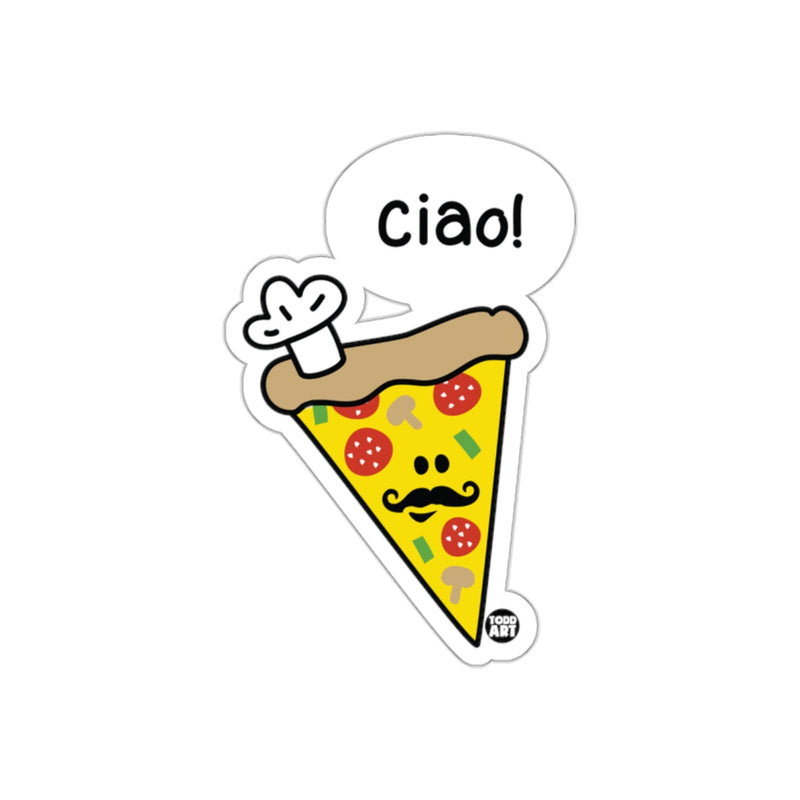 Load image into Gallery viewer, Chef Pizza Slice Saying Ciao Funny Food Themed sticker
