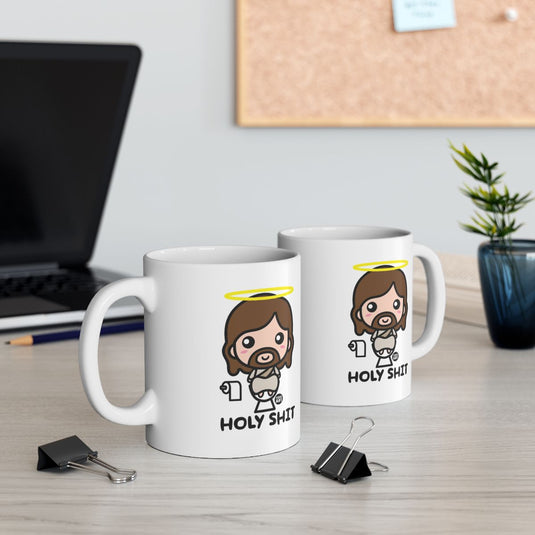 Funny Holy Shit Coffee Mug with Angel Cartoon Design
