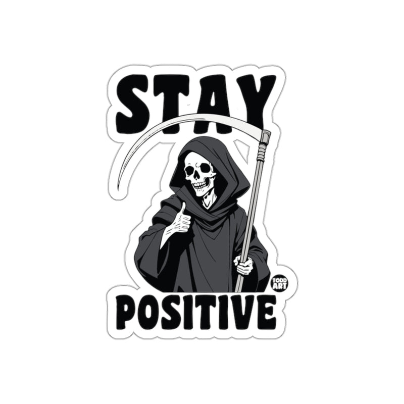 Load image into Gallery viewer, Stay Positive Grim Reaper Thumbs Up Design sticker
