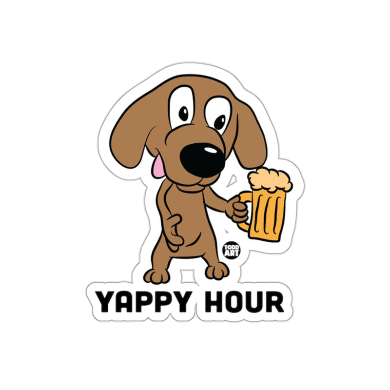 Load image into Gallery viewer, Yappy Hour Dog Holding Beer Fun Sticker Design
