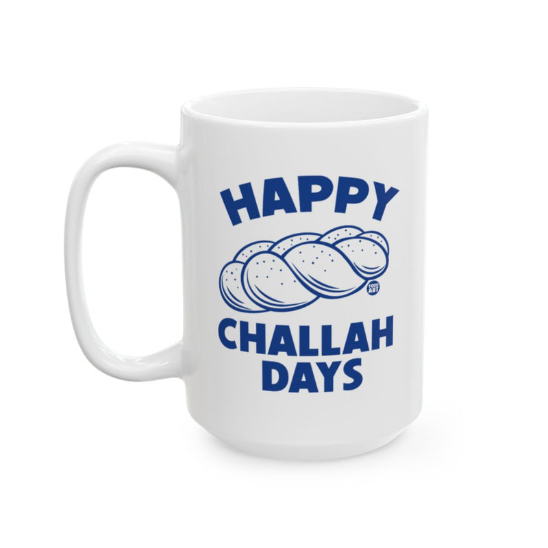 Load image into Gallery viewer, HAPPY CHALLAH DAYS white mug with blue lettering
