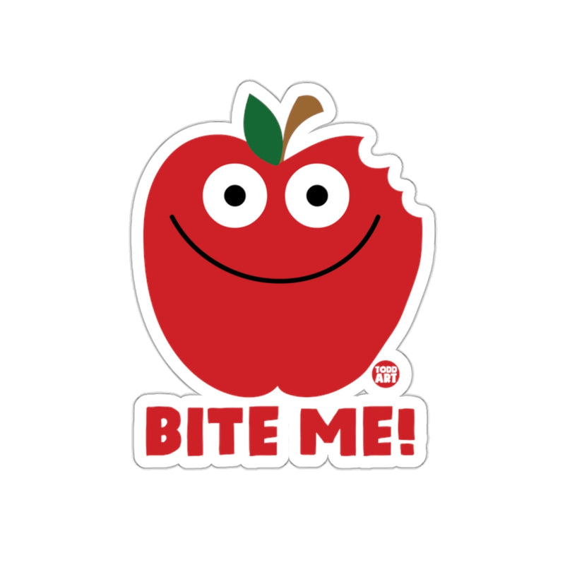 Load image into Gallery viewer, Bite Me Red Smiling Apple Sticker Fun Design
