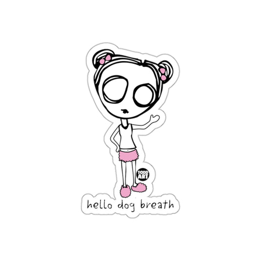 Quirky Hello Dog Breath Cartoon Sticker Design